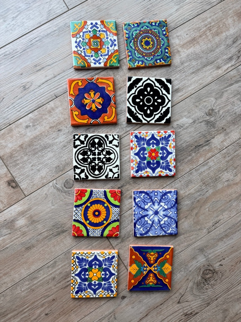 Set of 10 Hand painted Mexican Talavera Coaster Tiles Colorful Craft